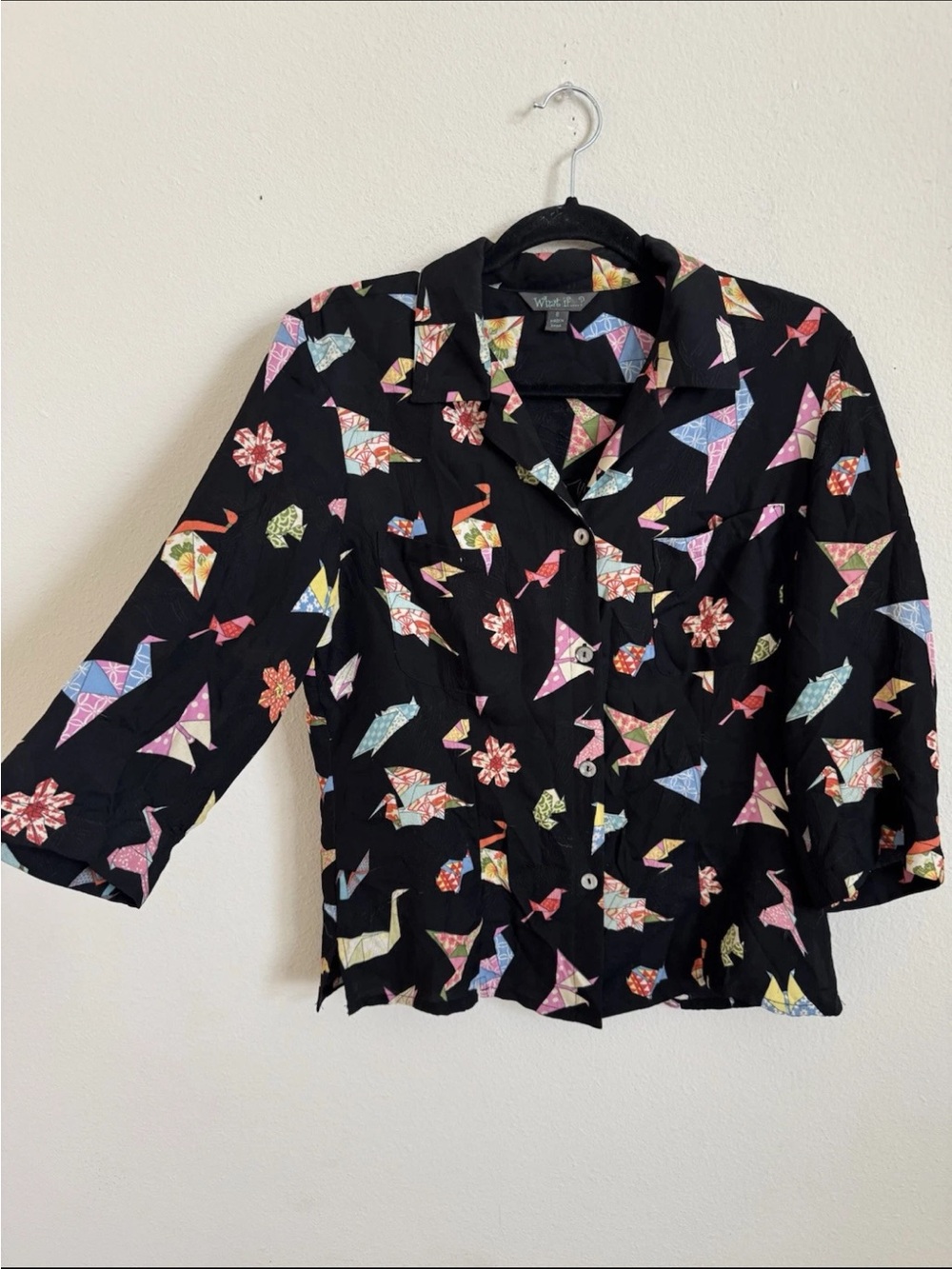 Vintage 90s Origami Paper Crane Print Silk Art To Wear Button Up Top Size S
